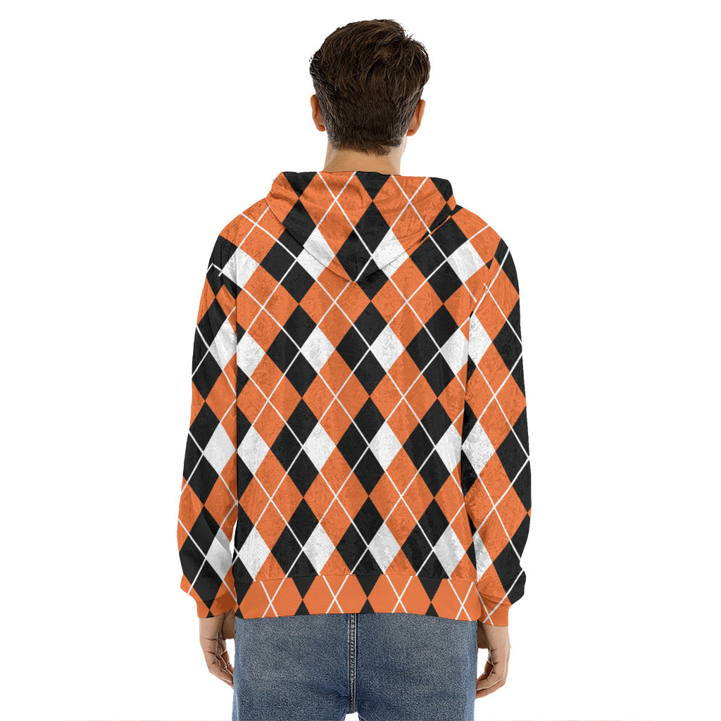 Orange White And Black Argyle Print Men's Velvet Pullover Hoodie