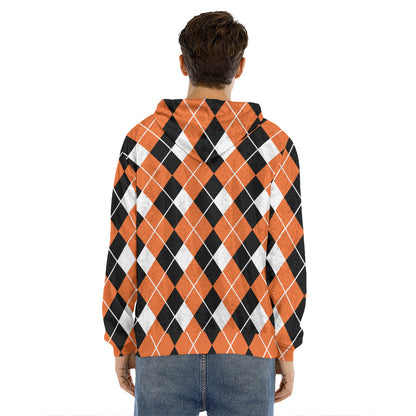 Orange White And Black Argyle Print Men's Velvet Pullover Hoodie