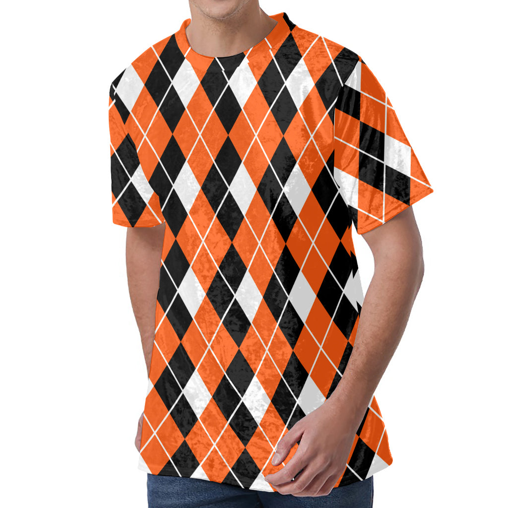 Orange White And Black Argyle Print Men's Velvet T-Shirt