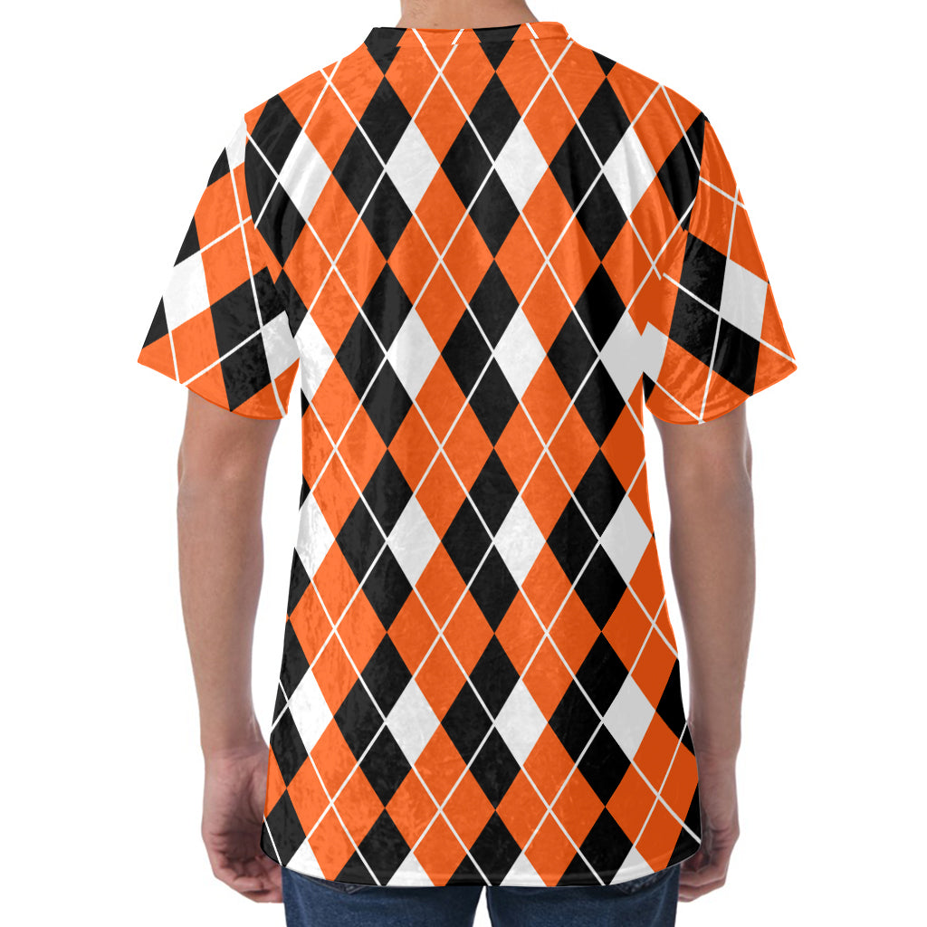 Orange White And Black Argyle Print Men's Velvet T-Shirt