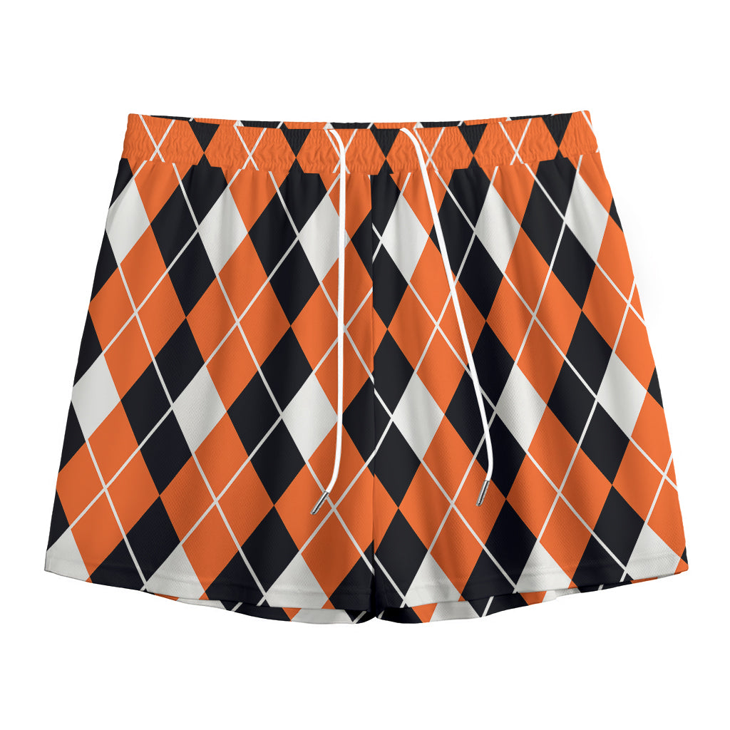 Orange White And Black Argyle Print Mesh Shorts
