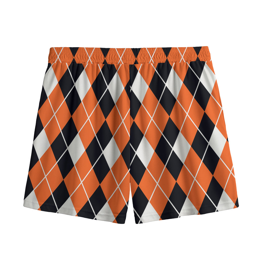 Orange White And Black Argyle Print Mesh Shorts