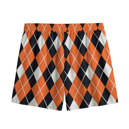 Orange White And Black Argyle Print Mesh Shorts