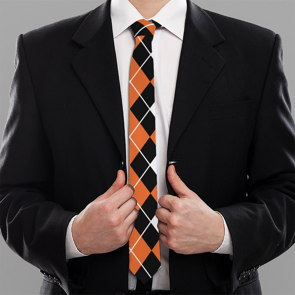 Orange White And Black Argyle Print Necktie