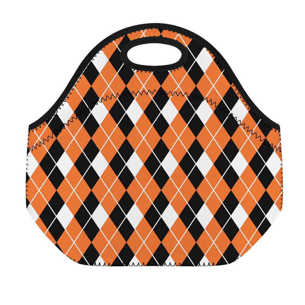 Orange White And Black Argyle Print Neoprene Lunch Bag