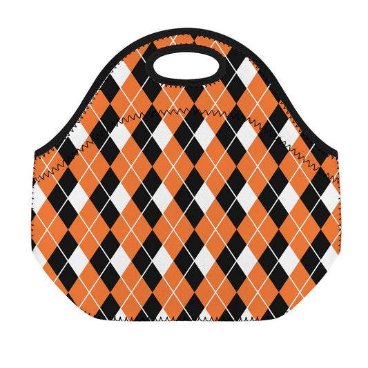 Orange White And Black Argyle Print Neoprene Lunch Bag