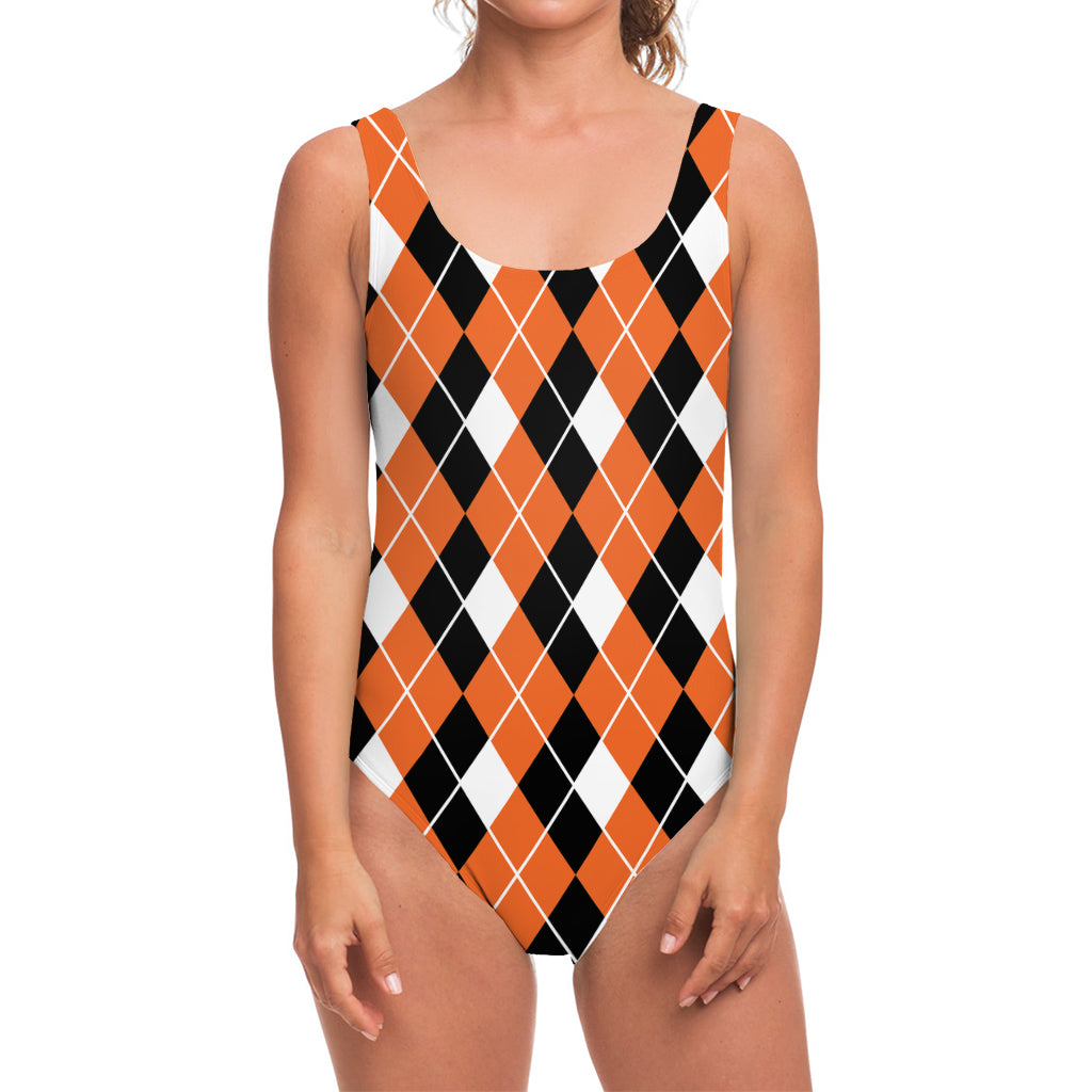 Orange White And Black Argyle Print One Piece Swimsuit