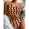 Orange White And Black Argyle Print One Shoulder Bikini Top