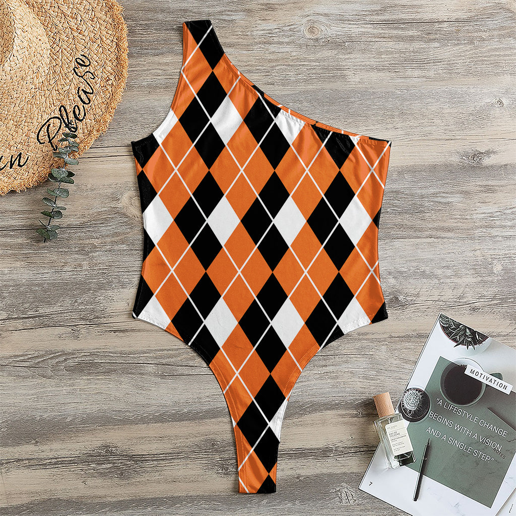 Orange White And Black Argyle Print One Shoulder Bodysuit