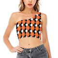 Orange White And Black Argyle Print One Shoulder Crop Top