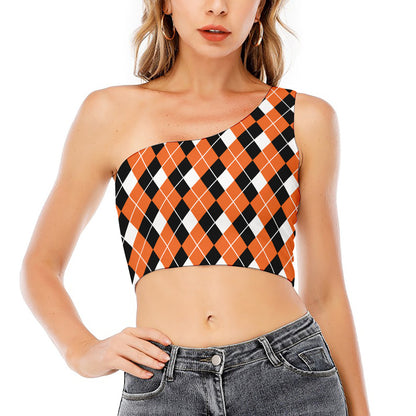 Orange White And Black Argyle Print One Shoulder Crop Top