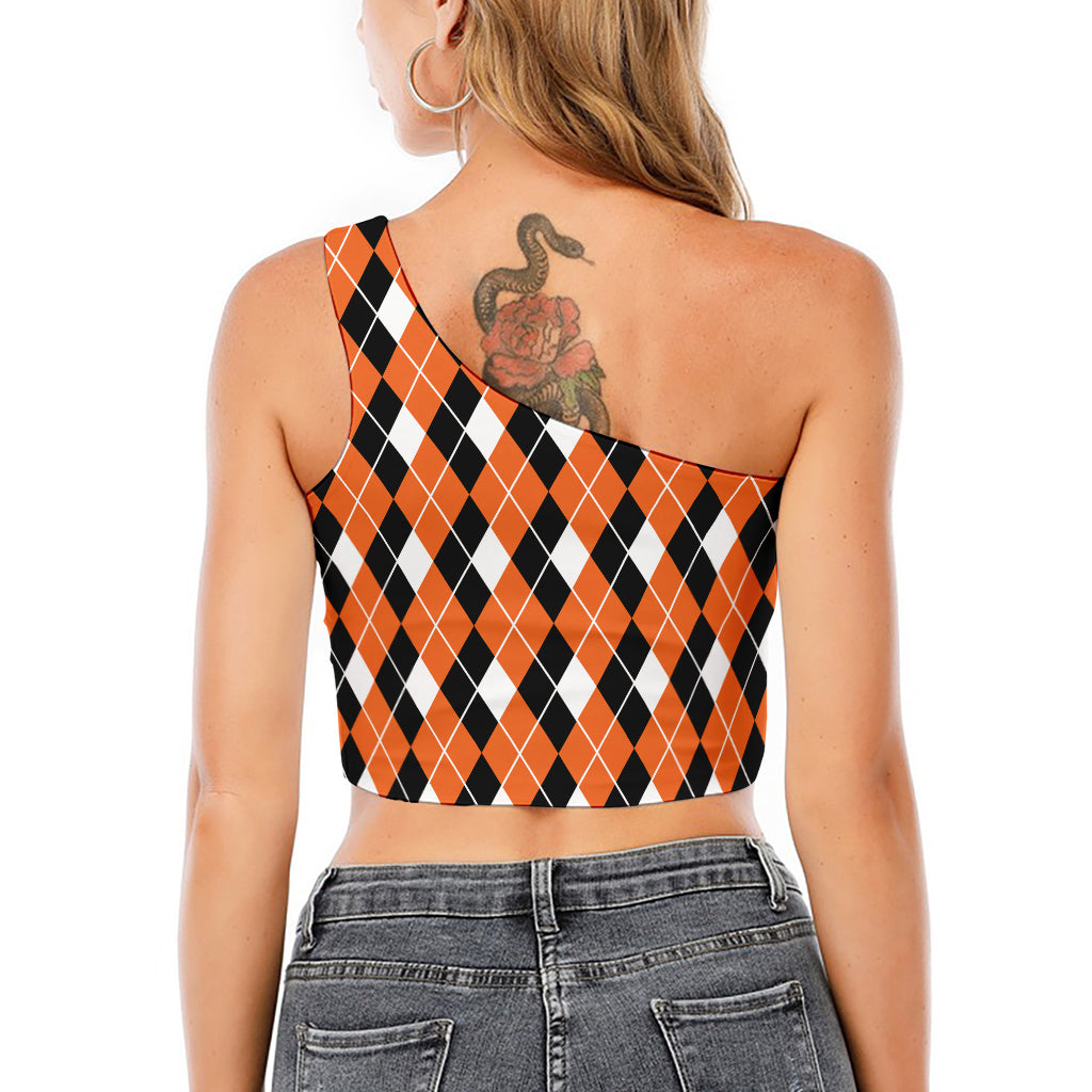 Orange White And Black Argyle Print One Shoulder Crop Top