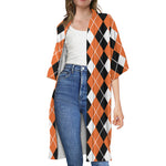 Orange White And Black Argyle Print Open Front Beach Cover Up