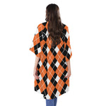 Orange White And Black Argyle Print Open Front Beach Cover Up