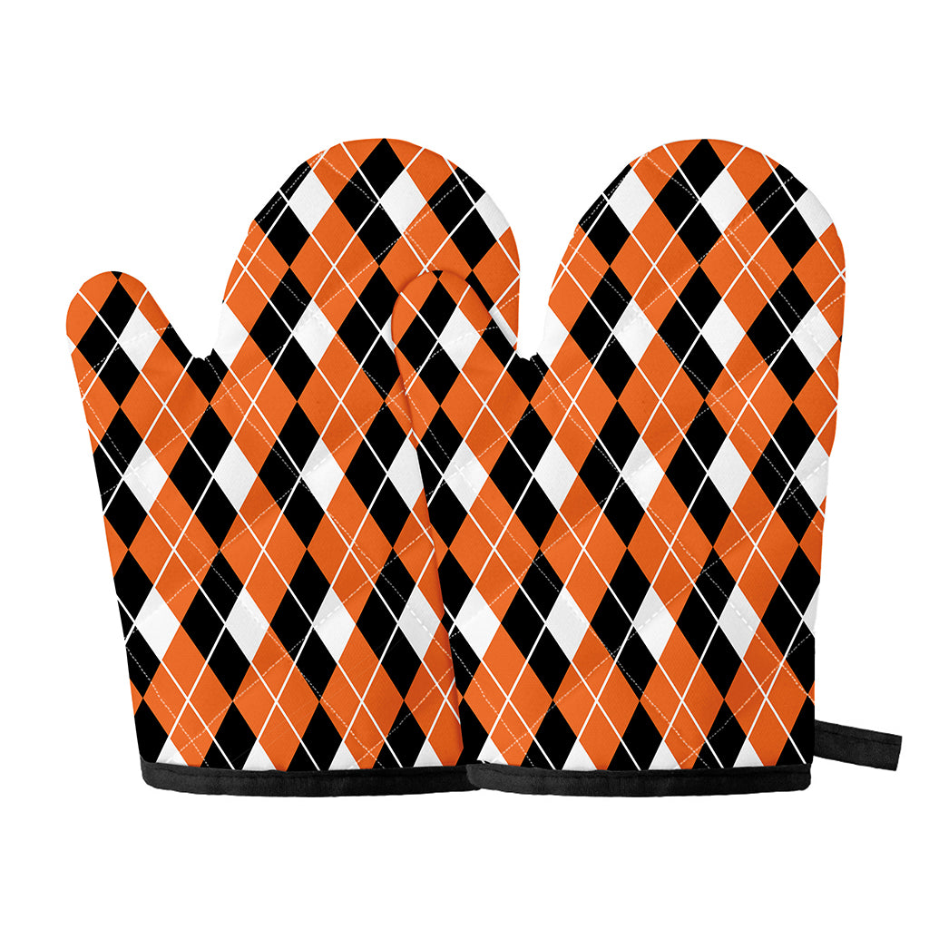 Orange White And Black Argyle Print Oven Mitts