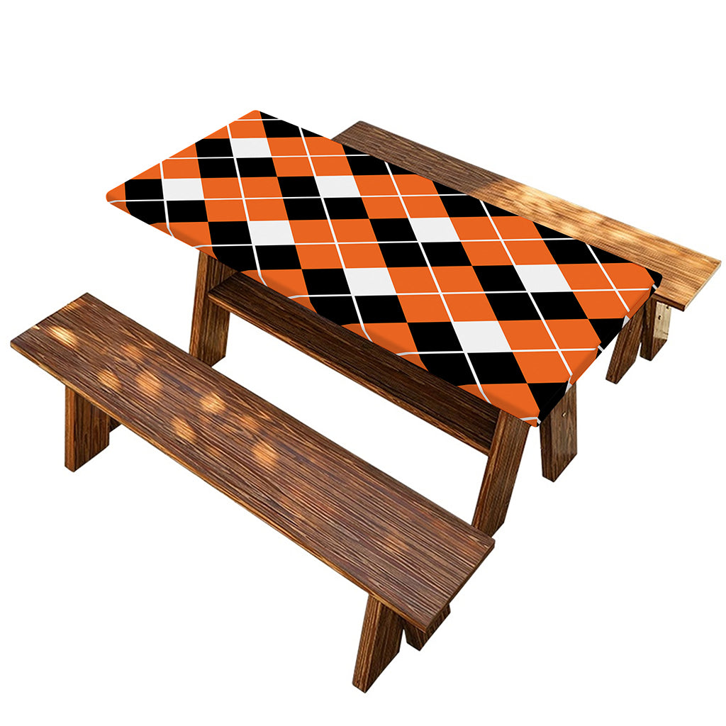 Orange White And Black Argyle Print Picnic Table Cover