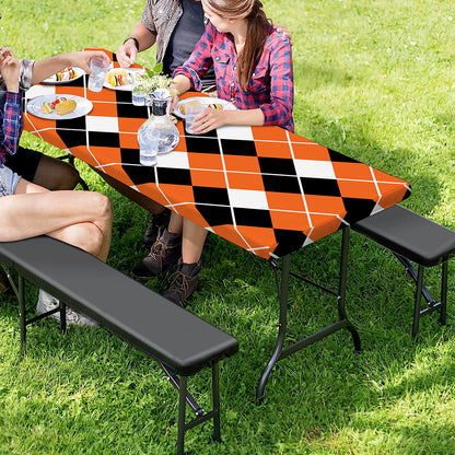 Orange White And Black Argyle Print Picnic Table Cover