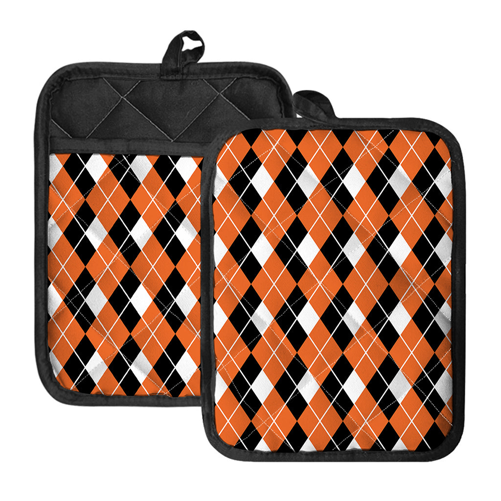 Orange White And Black Argyle Print Pot Holders With Pocket