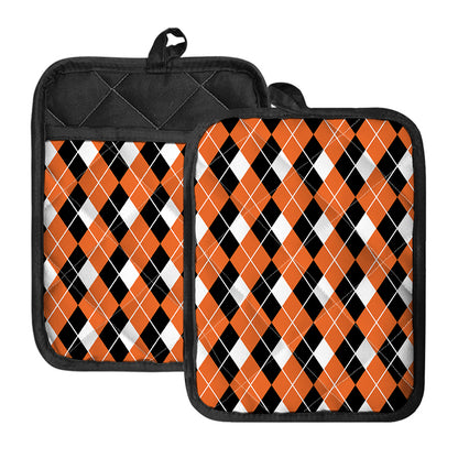 Orange White And Black Argyle Print Pot Holders With Pocket