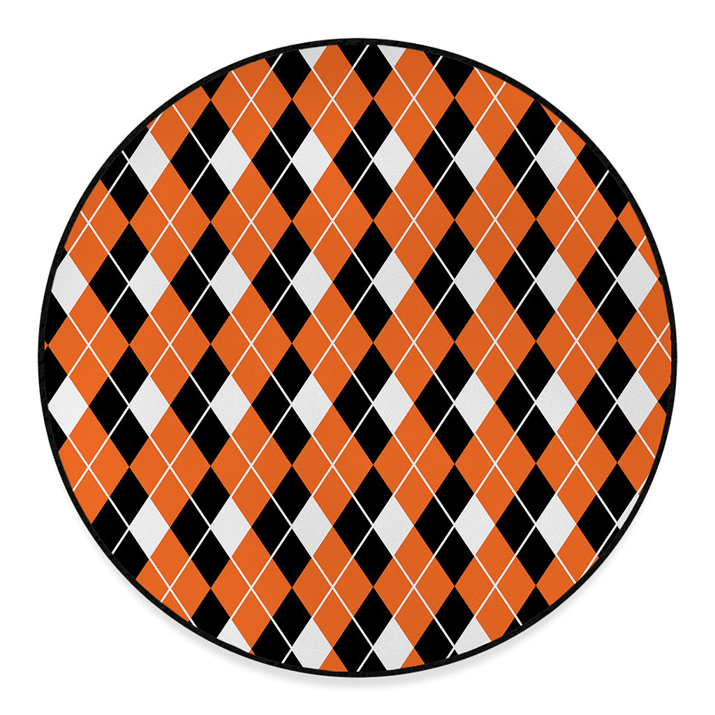 Orange White And Black Argyle Print Round Floor Mat