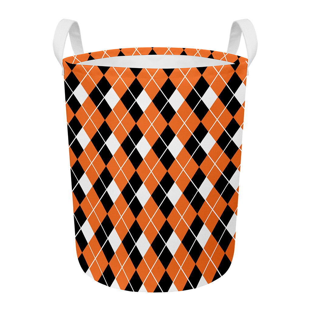 Orange White And Black Argyle Print Round Laundry Basket