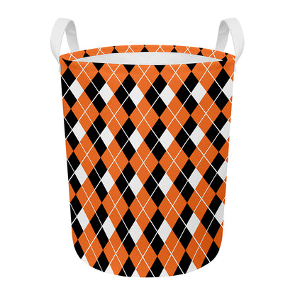 Orange White And Black Argyle Print Round Laundry Basket