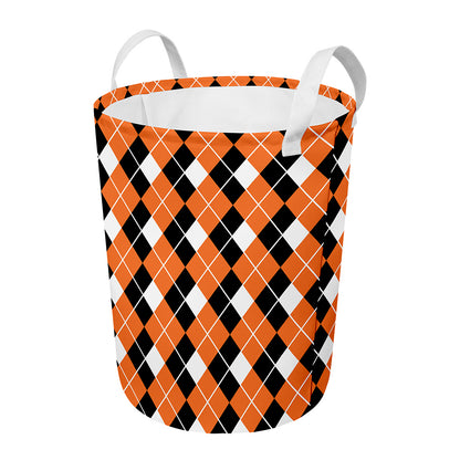 Orange White And Black Argyle Print Round Laundry Basket