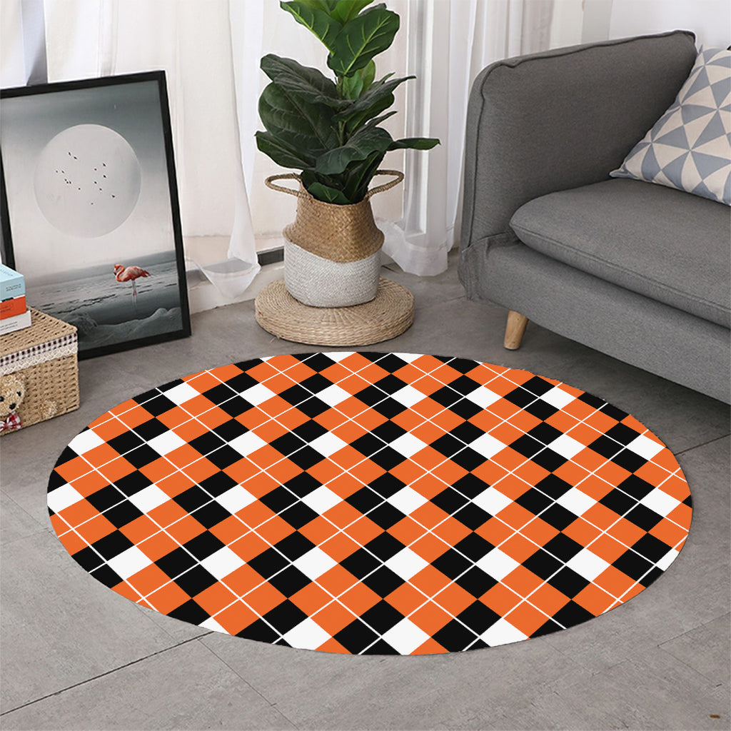 Orange White And Black Argyle Print Round Rug
