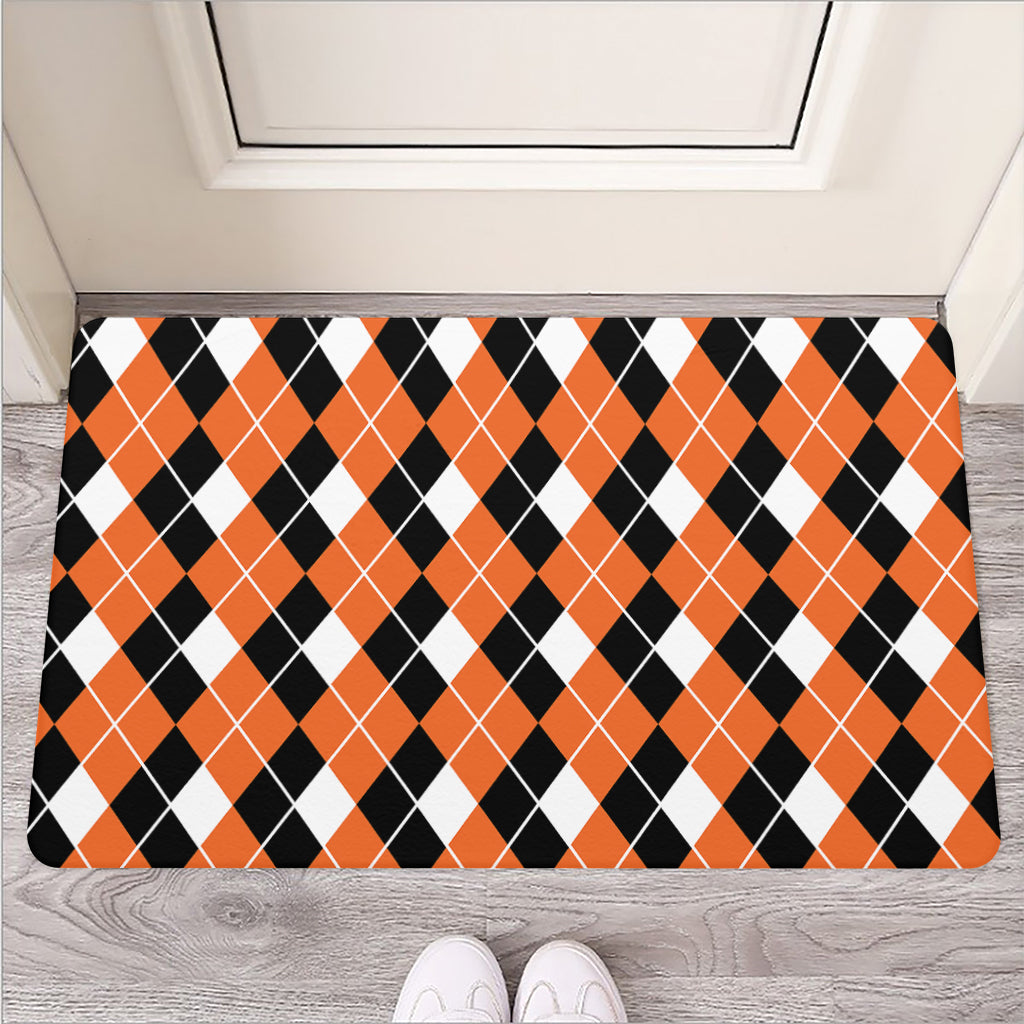 Orange White And Black Argyle Print Rubber Doormat