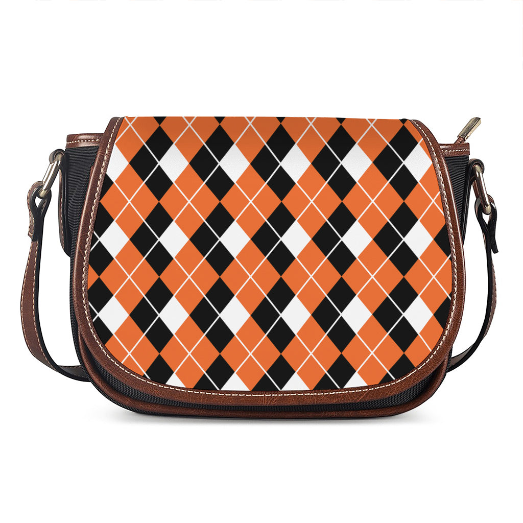 Orange White And Black Argyle Print Saddle Bag