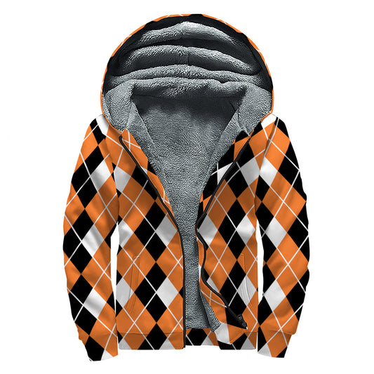 Orange White And Black Argyle Print Sherpa Lined Zip Up Hoodie