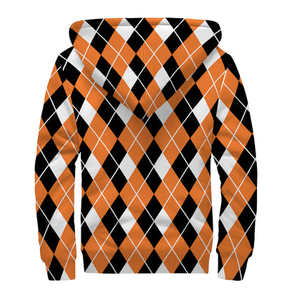 Orange White And Black Argyle Print Sherpa Lined Zip Up Hoodie