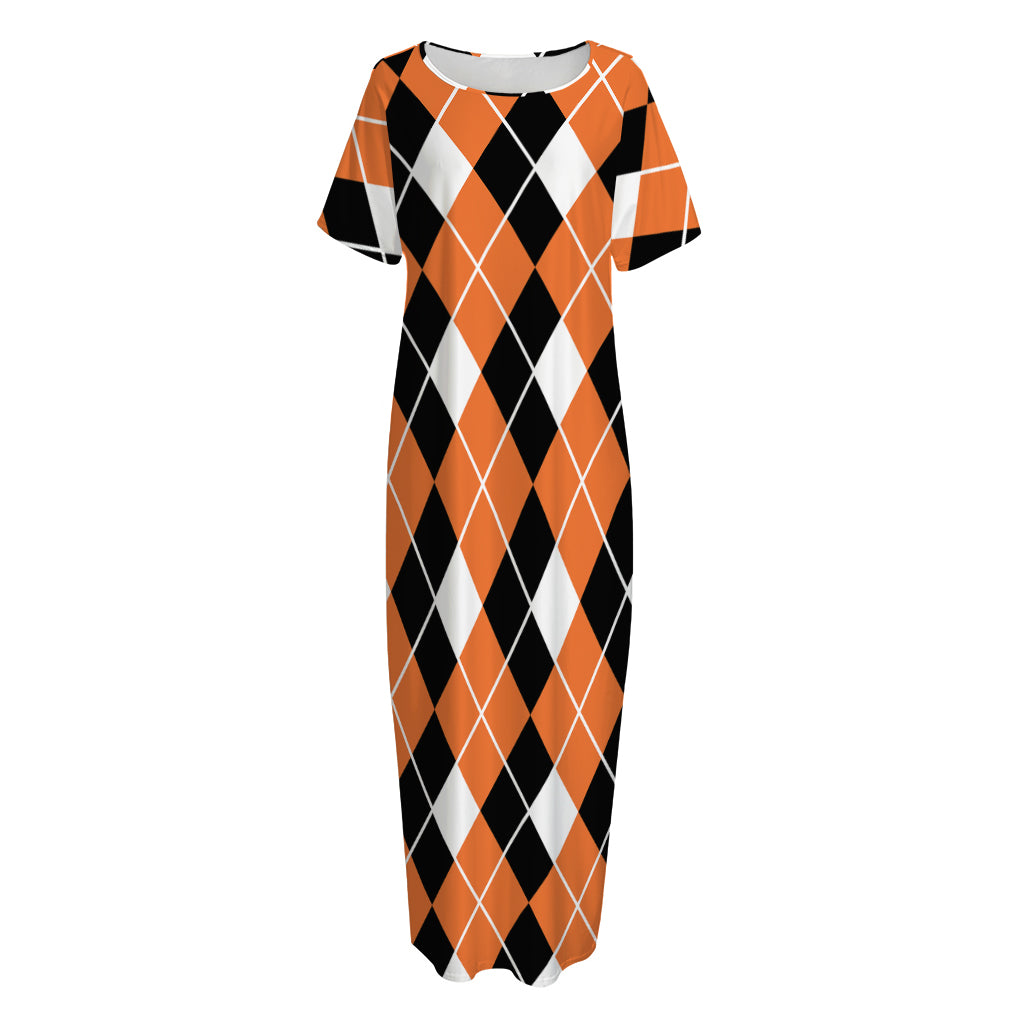 Orange White And Black Argyle Print Short Sleeve Long Nightdress