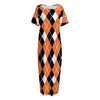 Orange White And Black Argyle Print Short Sleeve Long Nightdress