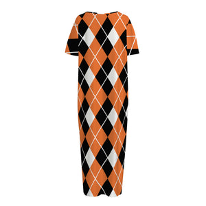 Orange White And Black Argyle Print Short Sleeve Long Nightdress