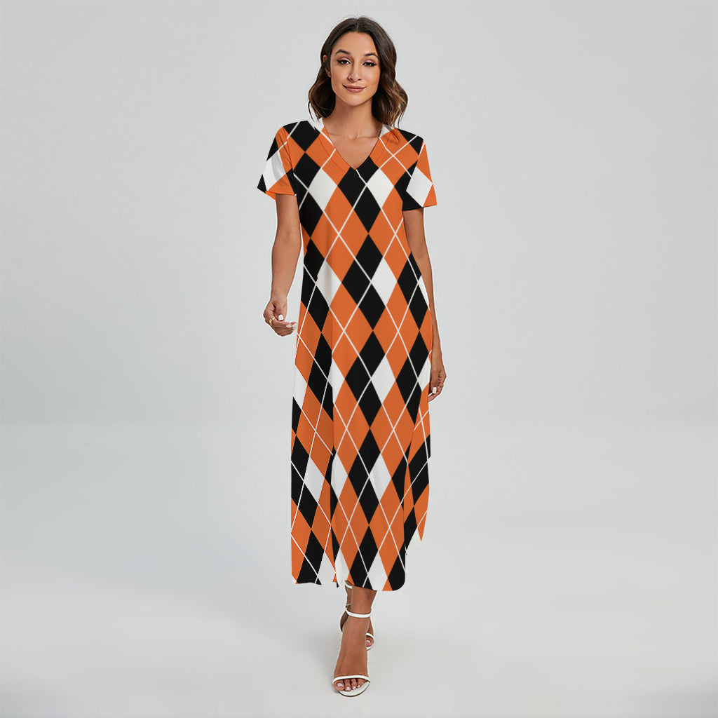Orange White And Black Argyle Print Short Sleeve Maxi Dress