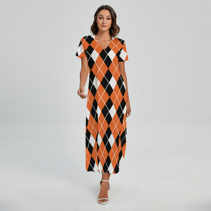 Orange White And Black Argyle Print Short Sleeve Maxi Dress