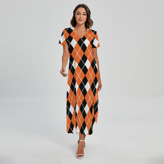 Orange White And Black Argyle Print Short Sleeve Maxi Dress