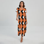Orange White And Black Argyle Print Short Sleeve Maxi Dress