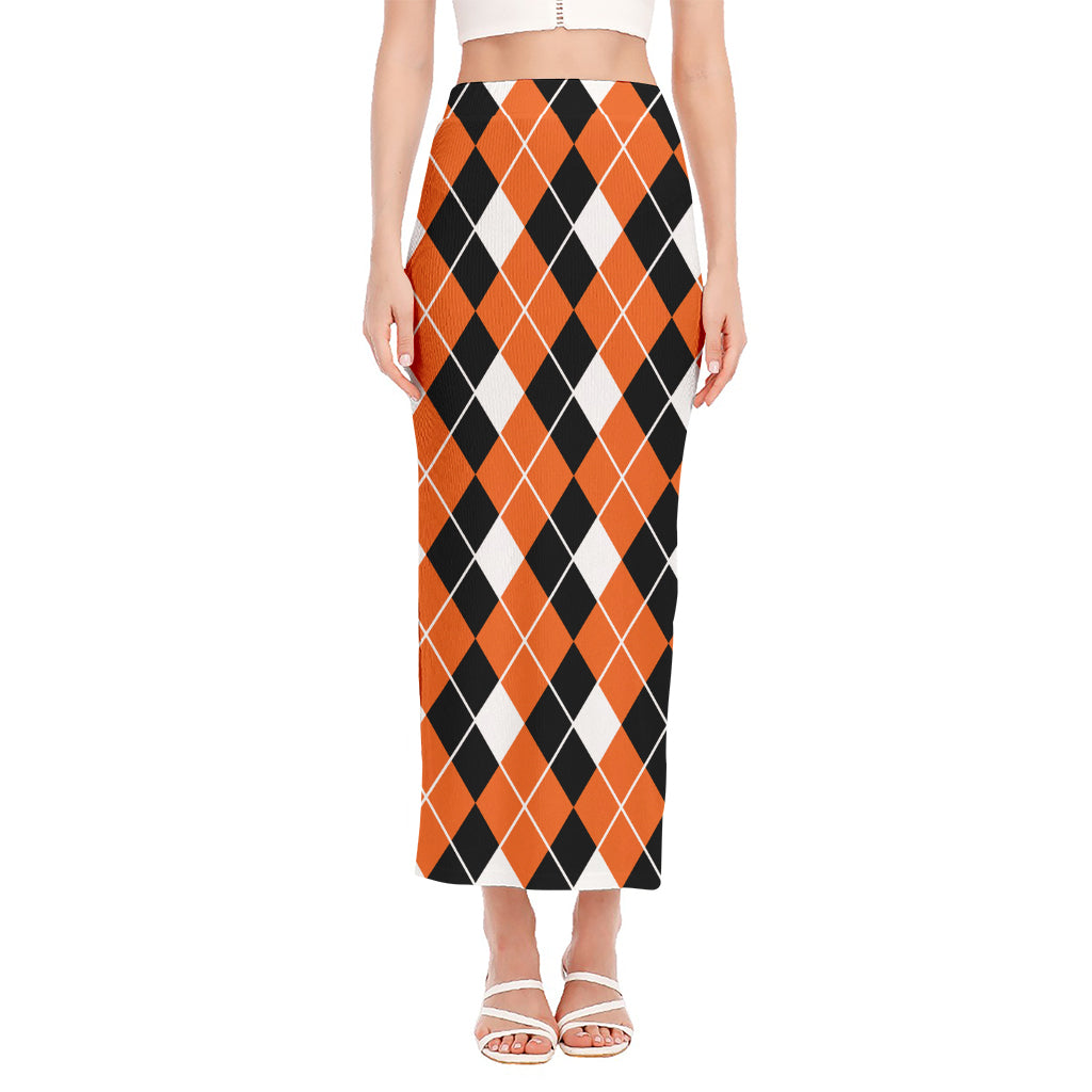 Orange White And Black Argyle Print Side Slit Maxi Skirt