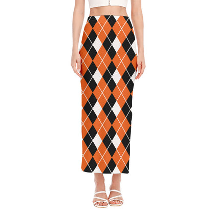 Orange White And Black Argyle Print Side Slit Maxi Skirt