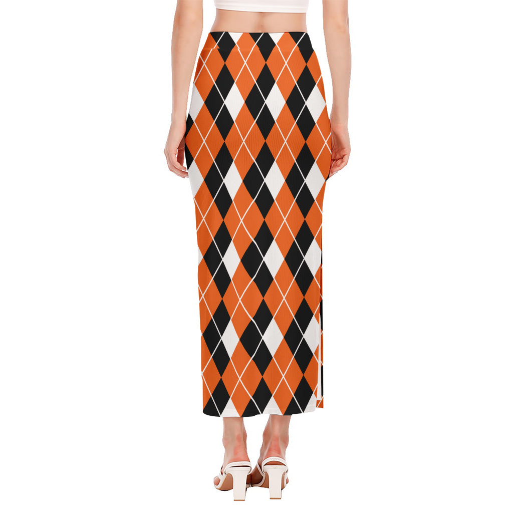 Orange White And Black Argyle Print Side Slit Maxi Skirt