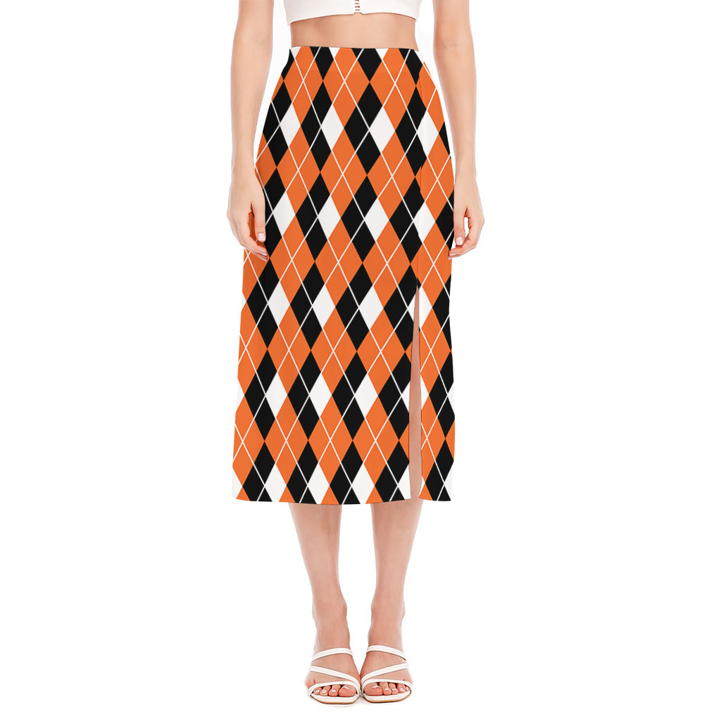 Orange White And Black Argyle Print Side Slit Midi Skirt