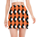 Orange White And Black Argyle Print Side Slit Mini Skirt