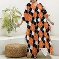 Orange White And Black Argyle Print Silk V-Neck Kaftan Dress