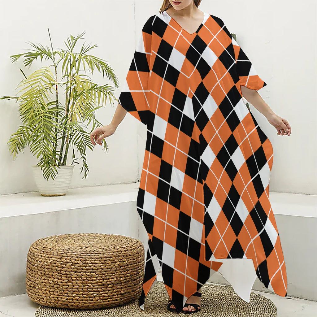 Orange White And Black Argyle Print Silk V-Neck Kaftan Dress