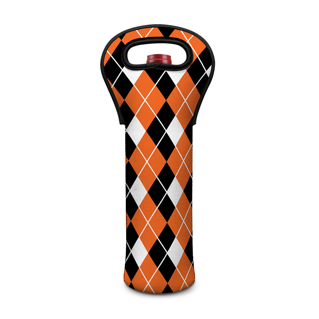 Orange White And Black Argyle Print Single Neoprene Wine Tote