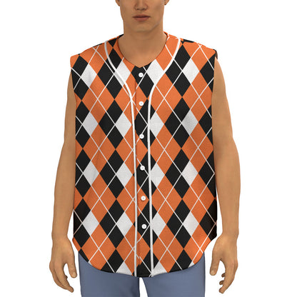 Orange White And Black Argyle Print Sleeveless Baseball Jersey