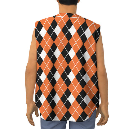 Orange White And Black Argyle Print Sleeveless Baseball Jersey
