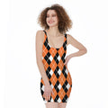 Orange White And Black Argyle Print Sleeveless Bodycon Dress